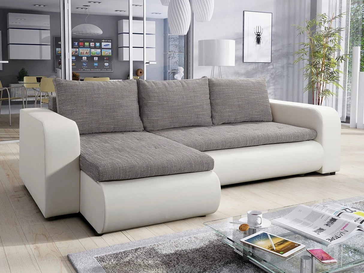 CORNER SOFA BED NIKO LAWA 5 / SOFT 17 238CM / SPRINGS + FOAMSEAT AND CUSHION MADE IN LAWA FABRIC CLICK HERE BOTTOM AND SIDES MADE ON FAUX LEATHER SOFT CLICK HEREDIMENSTIONS:WIDTH: 238cmDEPTH: 152CMHEIGHT: 85CMSLEEPING AREA:202X130CM FEATURES3X PILLOWS1X S