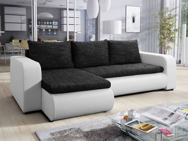 CORNER SOFA BED NIKO LAWA 6 / SOFT 17 238CM / SPRINGS + FOAMSEAT AND CUSHION MADE IN LAWA FABRIC CLICK HERE BOTTOM AND SIDES MADE ON FAUX LEATHER SOFT CLICK HEREDIMENSTIONS:WIDTH: 238cmDEPTH: 152CMHEIGHT: 85CMSLEEPING AREA:202X130CM FEATURES3X PILLOWS1X S