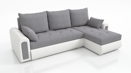 UNIVERSAL CORNER SOFA BED ECO 240CM GREY/WHITE FAUX LEATHER BERLIN 01 / MADRYT 920 2X STORAGETHIS MODEL IS UNIVERSAL WHICH MEANS YOU CAN CHOOSE CORNER SIDE DURING ASSEMBLY Specifications: frame made of pine wood and furniture board (synee) Seats are made