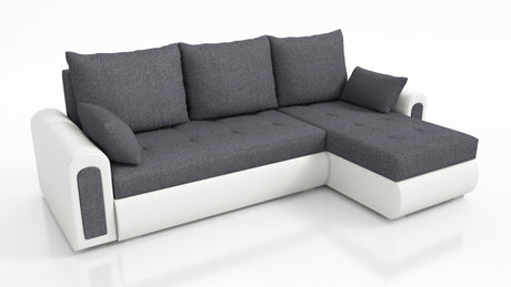 UNIVERSAL CORNER SOFA BED ECO 240CM GREY / WHITE FAUX LEATHER SAWANA 05 / MADRYT 920 2X STORAGETHIS MODEL IS UNIVERSAL WHICH MEANS YOU CAN CHOOSE CORNER SIDE DURING ASSEMBLY Specifications: frame made of pine wood and furniture board (synee) Seats are mad