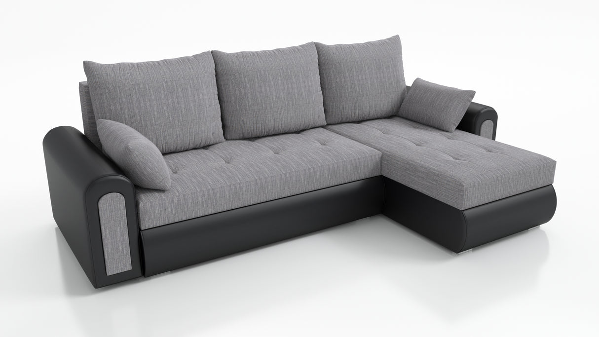 UNIVERSAL CORNER SOFA BED ECO 240CM GREY/BLACK FAUX LEATHER BERLIN 01 / MADRYT 9100 2X STORAGETHIS MODEL IS UNIVERSAL WHICH MEANS YOU CAN CHOOSE CORNER SIDE DURING ASSEMBLY Specifications: frame made of pine wood and furniture board (synee) Seats are made