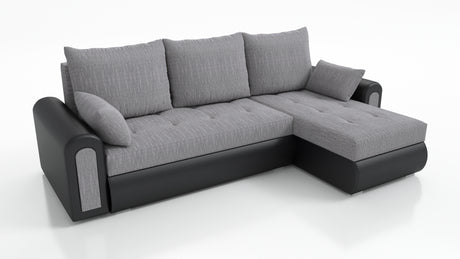 UNIVERSAL CORNER SOFA BED ECO 240CM GREY/BLACK FAUX LEATHER BERLIN 01 / MADRYT 9100 2X STORAGETHIS MODEL IS UNIVERSAL WHICH MEANS YOU CAN CHOOSE CORNER SIDE DURING ASSEMBLY Specifications: frame made of pine wood and furniture board (synee) Seats are made