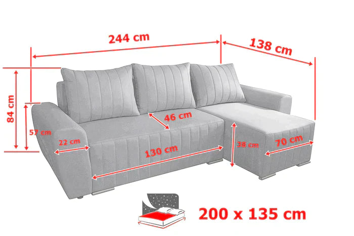 CORNER SOFA BED MALIBU 248CM MALMO 85 / UNIVERSAL RIGHT/LEFT CORNER / FOAMTHIS MODEL IS UNIVERSAL WHICH MEANS YOU CAN CHOOSE CORNER SIDE DURING ASSEMBLYMADE IN MALMO FABRIC CLICK HERE3x PILLOWS INCLUDED1X STORAGE SPACEDIMENTIONS:Corner width: 244cmDepth: