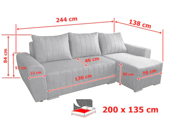 CORNER SOFA BED MALIBU 248CM MALMO 90 / UNIVERSAL RIGHT/LEFT CORNER / FOAMTHIS MODEL IS UNIVERSAL WHICH MEANS YOU CAN CHOOSE CORNER SIDE DURING ASSEMBLYMADE IN MALMO FABRIC CLICK HERE3x PILLOWS INCLUDED1X STORAGE SPACEDIMENTIONS:Corner width: 244cmDepth: