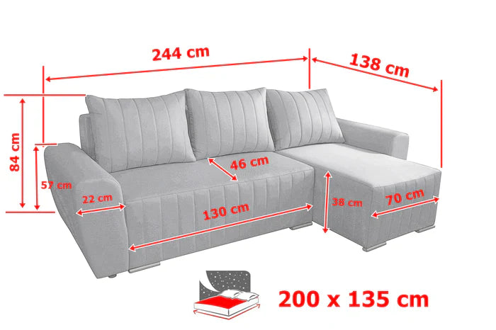 CORNER SOFA BED MALIBU 248CM MALMO 16 / UNIVERSAL RIGHT/LEFT CORNER / FOAMTHIS MODEL IS UNIVERSAL WHICH MEANS YOU CAN CHOOSE CORNER SIDE DURING ASSEMBLYMADE IN MALMO FABRIC CLICK HERE3x PILLOWS INCLUDED1X STORAGE SPACEDIMENTIONS:Corner width: 244cmDepth: