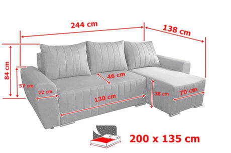CORNER SOFA BED MALIBU 248CM MALMO 16 / UNIVERSAL RIGHT/LEFT CORNER / FOAMTHIS MODEL IS UNIVERSAL WHICH MEANS YOU CAN CHOOSE CORNER SIDE DURING ASSEMBLYMADE IN MALMO FABRIC CLICK HERE3x PILLOWS INCLUDED1X STORAGE SPACEDIMENTIONS:Corner width: 244cmDepth: