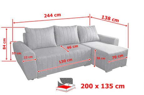 CORNER SOFA BED MALIBU 248CM MALMO 79 / UNIVERSAL RIGHT/LEFT CORNER / FOAMTHIS MODEL IS UNIVERSAL WHICH MEANS YOU CAN CHOOSE CORNER SIDE DURING ASSEMBLYMADE IN MALMO FABRIC CLICK HERE3x PILLOWS INCLUDED1X STORAGE SPACEDIMENTIONS:Corner width: 244cmDepth: