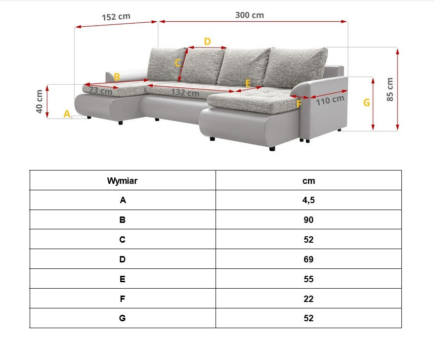 CORNER SOFA BED PRADO U LAWA 17/1114 300CM / SPRINGS + FOAMWavy springs CHOICE OF COLOR large sleeping areaSEAT AND CUSHION MADE IN LAWA FABRIC CLICK HERE BOTTOM AND SIDES MADE ON FAUX LEATHER SOFT CLICK HERE Dimensions W: 300cm D:152cm H: 85cm Sleeping a