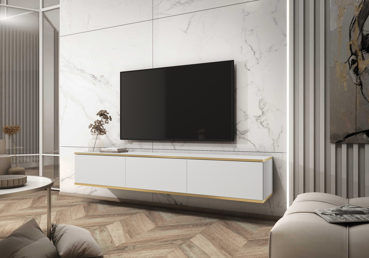 Floating TV Stand ORO 175 whiteTV Stand ORO 175 Depth: 32cmWidth: 175cmHeight: 30cmA modern tv table is a practical and elegant piece of furniture, a perfect for people who looking for functional furniture for a modern interior.The simple design guarantee
