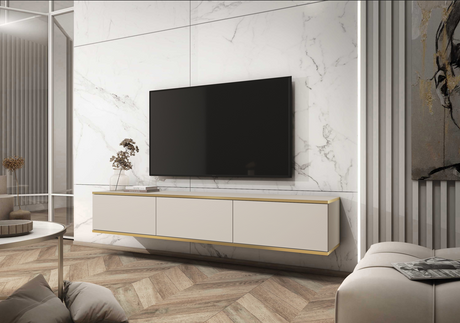 Floating TV Stand ORO 175 beigeTV Stand ORO 175 Depth: 32cmWidth: 175cmHeight: 30cmA modern tv table is a practical and elegant piece of furniture, a perfect for people who looking for functional furniture for a modern interior.The simple design guarantee