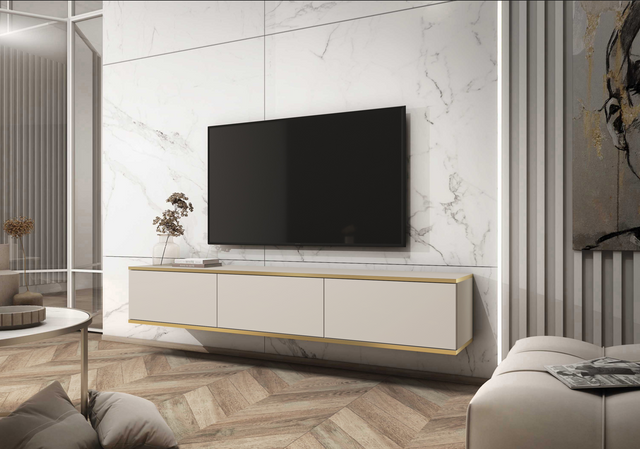 Floating TV Stand ORO 175 beigeTV Stand ORO 175 Depth: 32cmWidth: 175cmHeight: 30cmA modern tv table is a practical and elegant piece of furniture, a perfect for people who looking for functional furniture for a modern interior.The simple design guarantee
