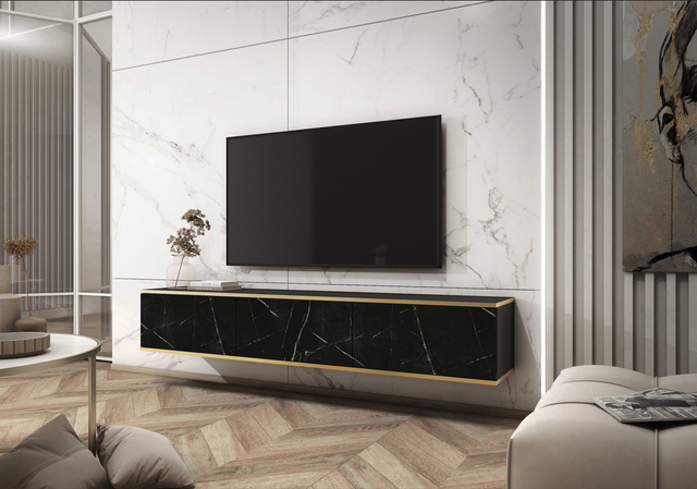 Floating TV Stand ORO 175 black marbleTV Stand ORO 175 Depth: 32cmWidth: 175cmHeight: 30cmA modern tv table is a practical and elegant piece of furniture, a perfect for people who looking for functional furniture for a modern interior.The simple design gu