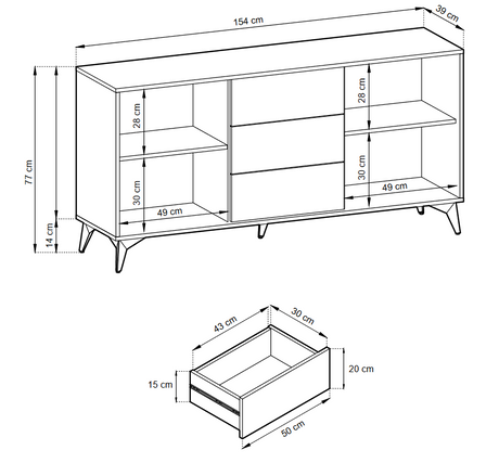 Storage cabinet DIAMOND 06 black / evoke oakStorage cabinet DIAMOND 04 (154/77/39) ColourBlack / Oak Evoke MaterialLaminated board 16mm VeneerEdging ABS Metal Legs PUSH-TO-OPENAnna Furniture