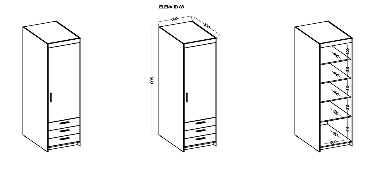 WARDROBE SELENA 1D 3S 60CMAVAILABLE IN 3 COLORSSONOMA, WHITE AND LEFKAS OAKDimensions: 599 x 1905 x 530 mm (W x H x D) Number of packages: 2 Front: - laminated board 15 mm - the melamine edging - handle: 128 mm / plastic The body: - laminated board 15 mm