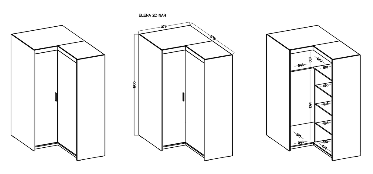 CORNER WARDROBE SELENA 2D NAR 100CM *AVAILABLE IN 3 COLORS*AVAILABLE IN 3 COLORSSONOMA, WHITE AND LEFKAS OAK Dimensions: 978 x 1905 x 978 mm (W x H x D) Number of packages: 3 Front: - laminated board 15 mm - the melamine edging - handle: 128 mm / plastic