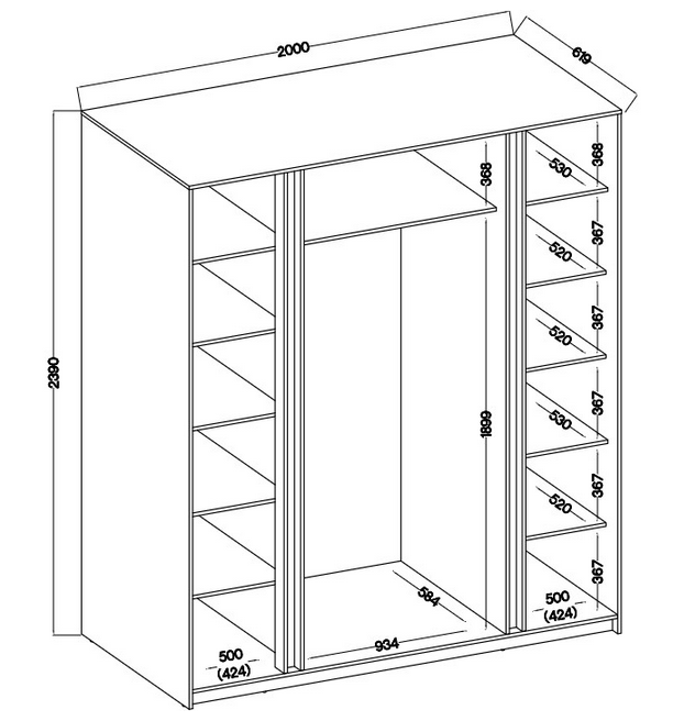 KAJA 4F - AVAILABLE IN 4 COLORSDimensions: 2000 x 2390 x 619 mm (W x H x D)Number of Packages: 6Front:- laminated plate 16 mm - black- the edge of ABS- handle UA-HEXA-256-20M, 256 mm / aluminumThe body:- laminated plate 16 mm - oak evoke- melamine / ABS p