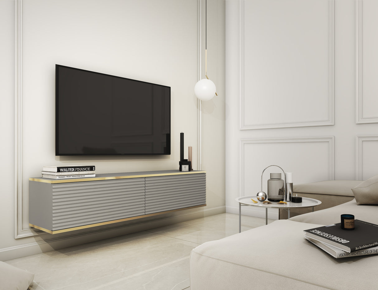 Floating TV Stand ORO 135 SLATS greyTV Stand ORO 135 Depth: 32cmWidth: 135cmHeight: 30cmA modern tv table is a practical and elegant piece of furniture, a perfect for people who looking for functional furniture for a modern interior.The simple design guar