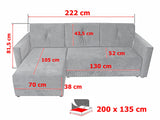 CORNER SOFA BED TEXAS 222CM UNIVERSAL RIGHT/LEFT CORNER CHOICE OF 15 COLORS / FOAMTHIS MODEL IS UNIVERSAL WHICH MEANS YOU CAN CHOOSE CORNER SIDE DURING ASSEMBLY CORNER SOFA BED TEXASFOAM T301X STORAGE SPACE3X PILLOWS MADE OF FOAMEASY CLEAN SOFT TOUCH FABR