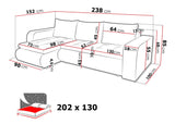 CORNER SOFA BED NIKO LAWA 2 / SOFT 17 238CM / SPRINGS + FOAMSEAT AND CUSHION MADE IN LAWA FABRIC CLICK HERE BOTTOM AND SIDES MADE ON FAUX LEATHER SOFT CLICK HEREDIMENSTIONS:WIDTH: 238cmDEPTH: 152CMHEIGHT: 85CMSLEEPING AREA:202X130CM FEATURES3X PILLOWS1X S