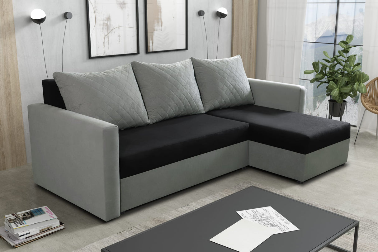 CORNER SOFA BED KEN BLACK/GREY 15+14 222cm universal RIGHT/LEFT CORNER / FOAMTHIS MODEL IN UNIVERSAL WHICH MEANS YOU CAN CHOOSE CORNER SIDE DURING ASSEMBLY3x PILLOWS INCLUDED1X STORAGE SPACESLEEPING FUNCTIONDIMENTIONSWidth: 222 cmDepth: 138cmSleeping area