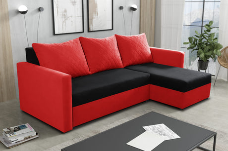 CORNER SOFA BED KEN BLACK/RED 15+22 222cm universal RIGHT/LEFT CORNER / FOAMTHIS MODEL IN UNIVERSAL WHICH MEANS YOU CAN CHOOSE CORNER SIDE DURING ASSEMBLY3x PILLOWS INCLUDED1X STORAGE SPACESLEEPING FUNCTIONDIMENTIONSWidth: 222 cmDepth: 138cmSleeping area: