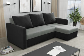 CORNER SOFA BED KEN GREY/BLACK 14+15 222cm universal RIGHT/LEFT CORNER / FOAMTHIS MODEL IN UNIVERSAL WHICH MEANS YOU CAN CHOOSE CORNER SIDE DURING ASSEMBLY3x PILLOWS INCLUDED1X STORAGE SPACESLEEPING FUNCTIONDIMENTIONSWidth: 222 cmDepth: 138cmSleeping area