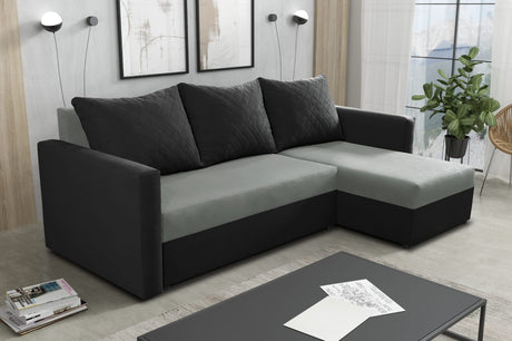 CORNER SOFA BED KEN GREY/BLACK 14+15 222cm universal RIGHT/LEFT CORNER / FOAMTHIS MODEL IN UNIVERSAL WHICH MEANS YOU CAN CHOOSE CORNER SIDE DURING ASSEMBLY3x PILLOWS INCLUDED1X STORAGE SPACESLEEPING FUNCTIONDIMENTIONSWidth: 222 cmDepth: 138cmSleeping area