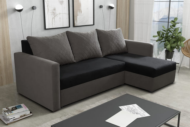 CORNER SOFA BED KEN BLACK/DARK GREY 15+27 222cm universal RIGHT/LEFT CORNER / FOAMTHIS MODEL IN UNIVERSAL WHICH MEANS YOU CAN CHOOSE CORNER SIDE DURING ASSEMBLY3x PILLOWS INCLUDED1X STORAGE SPACESLEEPING FUNCTIONDIMENTIONSWidth: 222 cmDepth: 138cmSleeping