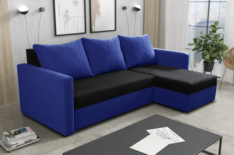 CORNER SOFA BED KEN BLACK/BLUE 15+SUE14 222cm universal RIGHT/LEFT CORNER / FOAMTHIS MODEL IN UNIVERSAL WHICH MEANS YOU CAN CHOOSE CORNER SIDE DURING ASSEMBLY3x PILLOWS INCLUDED1X STORAGE SPACESLEEPING FUNCTIONDIMENTIONSWidth: 222 cmDepth: 138cmSleeping a