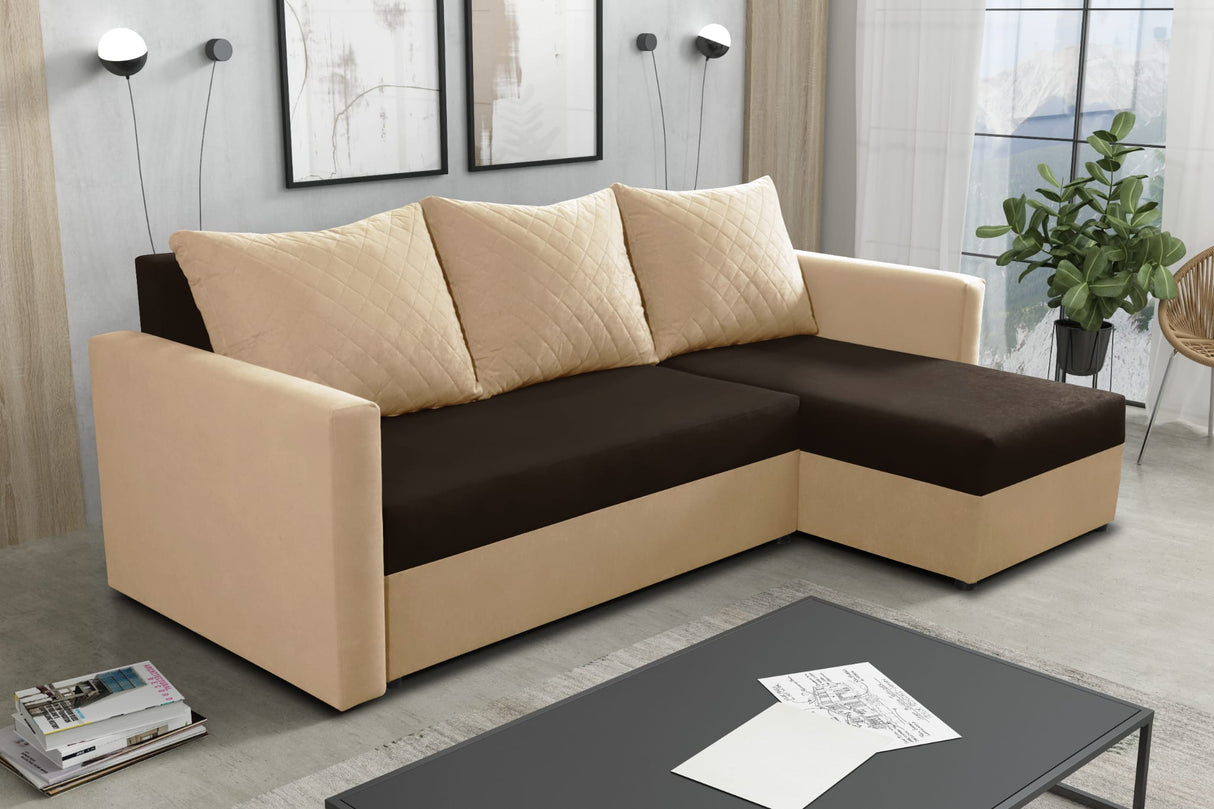 CORNER SOFA BED KEN BROWN/BEIGE 41+5 222cm universal RIGHT/LEFT CORNER / FOAMTHIS MODEL IN UNIVERSAL WHICH MEANS YOU CAN CHOOSE CORNER SIDE DURING ASSEMBLY3x PILLOWS INCLUDED1X STORAGE SPACESLEEPING FUNCTIONDIMENTIONSWidth: 222 cmDepth: 138cmSleeping area