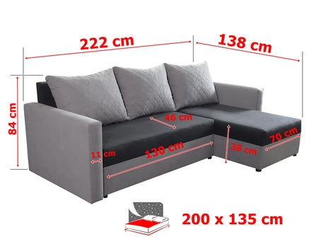 CORNER SOFA BED KEN DARK GREY/BLACK 27+15 222cm universal RIGHT/LEFT CORNER / FOAMTHIS MODEL IN UNIVERSAL WHICH MEANS YOU CAN CHOOSE CORNER SIDE DURING ASSEMBLY3x PILLOWS INCLUDED1X STORAGE SPACESLEEPING FUNCTIONDIMENTIONSWidth: 222 cmDepth: 138cmSleeping