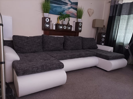 CORNER SOFA BED PRADO U LAWA 17/1115 DARK GREY/WHITE 300CM / SPRINGS + FOAMWavy springs CHOICE OF COLOR large sleeping areaSEAT AND CUSHION MADE IN LAWA FABRIC CLICK HERE BOTTOM AND SIDES MADE ON FAUX LEATHER SOFT CLICK HERE Dimensions W: 300cm D:152cm H: