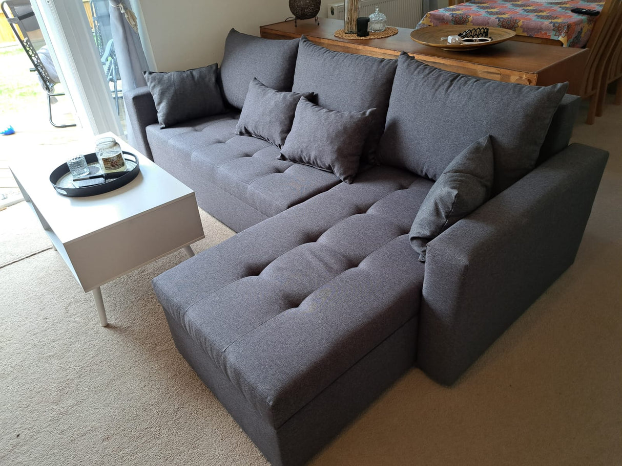 UNIVERSAL CORNER SOFA BED LOTUS 229CM GREY SAWANA 05 2X STORAGE SPACE / FOAM 2X STORAGETHIS MODEL IS UNIVERSAL WHICH MEANS YOU CAN CHOOSE CORNER SIDE DURING ASSEMBLYSpecification made on foam construction made of board / pine wood / hdf satin plastic leg