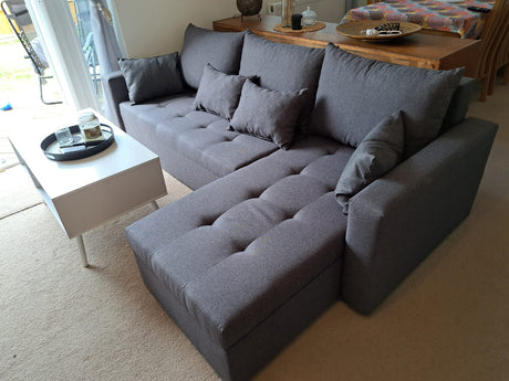 UNIVERSAL CORNER SOFA BED LOTUS 229CM GREY SAWANA 05 2X STORAGE SPACE / FOAM 2X STORAGETHIS MODEL IS UNIVERSAL WHICH MEANS YOU CAN CHOOSE CORNER SIDE DURING ASSEMBLYSpecification made on foam construction made of board / pine wood / hdf satin plastic leg