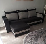 CORNER SOFA BED ALEXA BLACK / DARK GREY 238cm universal RIGHT/LEFT CORNER / FOAMTHIS MODEL IN UNIVERSAL WHICH MEANS YOU CAN CHOOSE CORNER SIDE DURING ASSEMBLY3x PILLOWS INCLUDED1X STORAGE SPACESLEEPING FUNCTIONDIMENTIONSWidth: 238 cmDepth: 140cmSleeping a