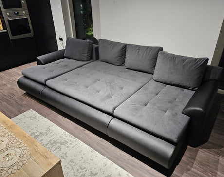 CORNER SOFA BED PRADO U SHAPE TRINITY 15/1114 GRAPHITE / BLACK FAUX LEATHER 300cm WATER RESISTANT FABRIC / SPRINGS + FOAMWavy springs CHOICE OF COLOR large sleeping areaSeat and cushions made of Trinity Fabric click here bottom and sides made on faux leat