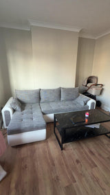 UNIVERSAL CORNER SOFA BED ECO 240CM GREY/WHITE FAUX LEATHER BERLIN 01 / MADRYT 920 2X STORAGE