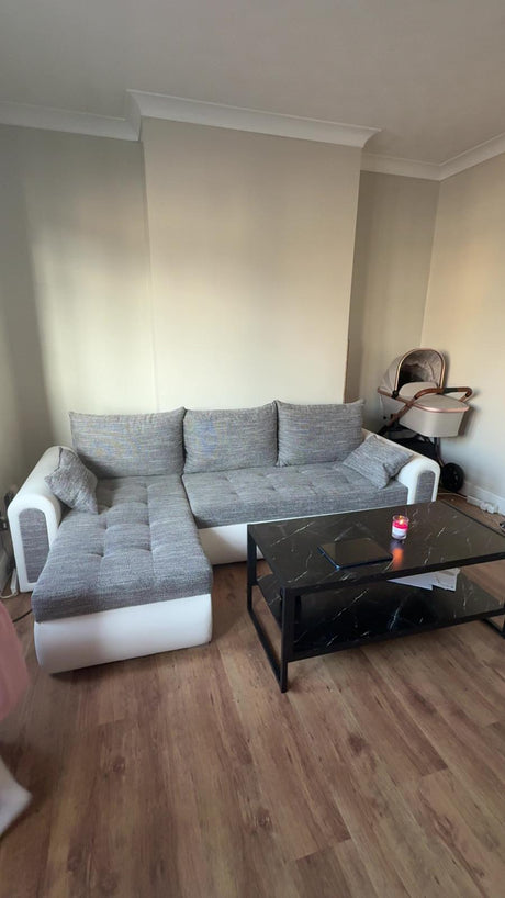 UNIVERSAL CORNER SOFA BED ECO 240CM GREY/WHITE FAUX LEATHER BERLIN 01 / MADRYT 920 2X STORAGE - Anna Furniture