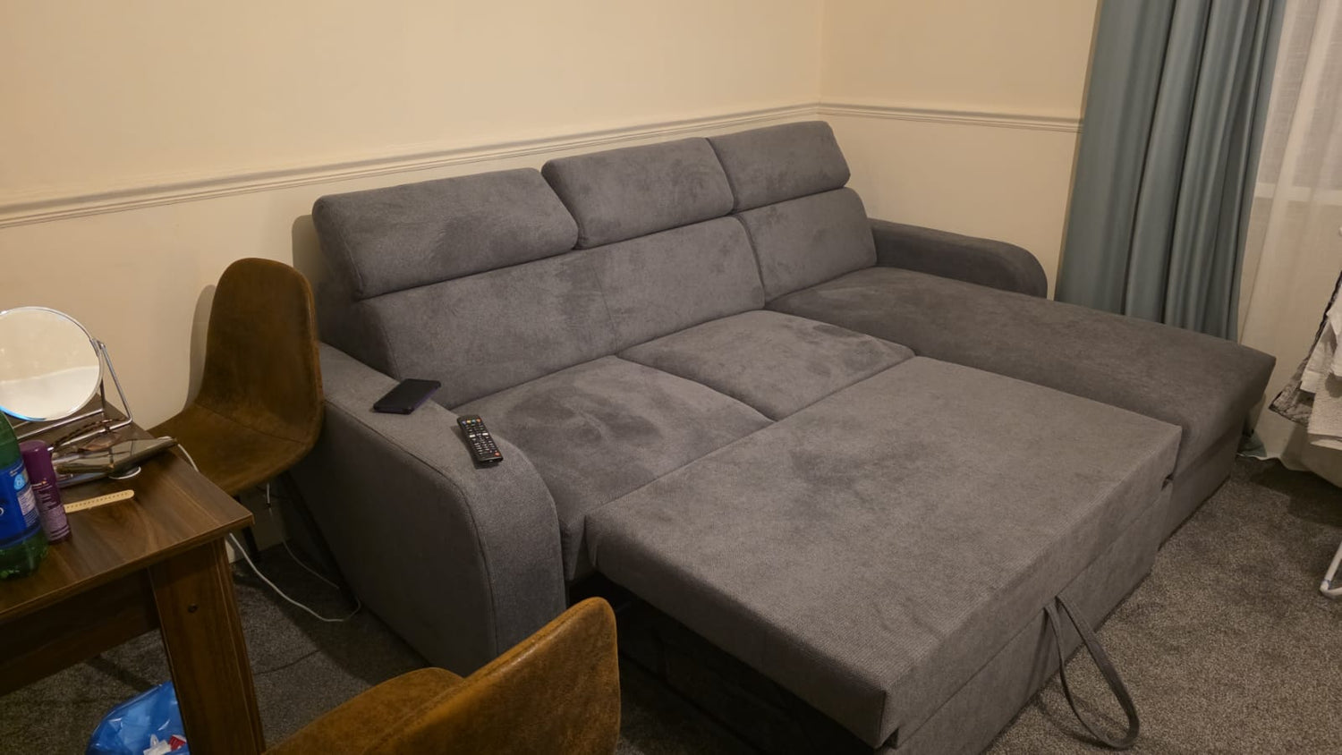 UNIVERSAL CORNER SOFA BED ASTEE 235CM EASY CLEAN FABRIC ADJUSTABLE HEADREST CHOICE OF COLORS / SPRINGS + FOAM