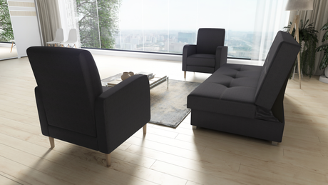 SOFA BED SET 3+1+1 AXEL + 2X ARMCHAIRS CARLODimensions: (+/- 2cm) - width 195 cm- depth 91 cm- height 90 cm- 119/195 cm sleeping areaThe following were used for the production of the sofa:- a structure made of pine wood, chipboard and MDF board- the seat