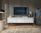 TV Stand ZOVA 01 WHITEProduct description Dimensions Width 168cm Height 56cm Depth 39cm Details Colour white Material Laminated board 18mm / MDF-board 18mm Veneer ABS edges Legs Metal, in black (23cm) Warranty 24 monthsUncategorizedAnna Furniture