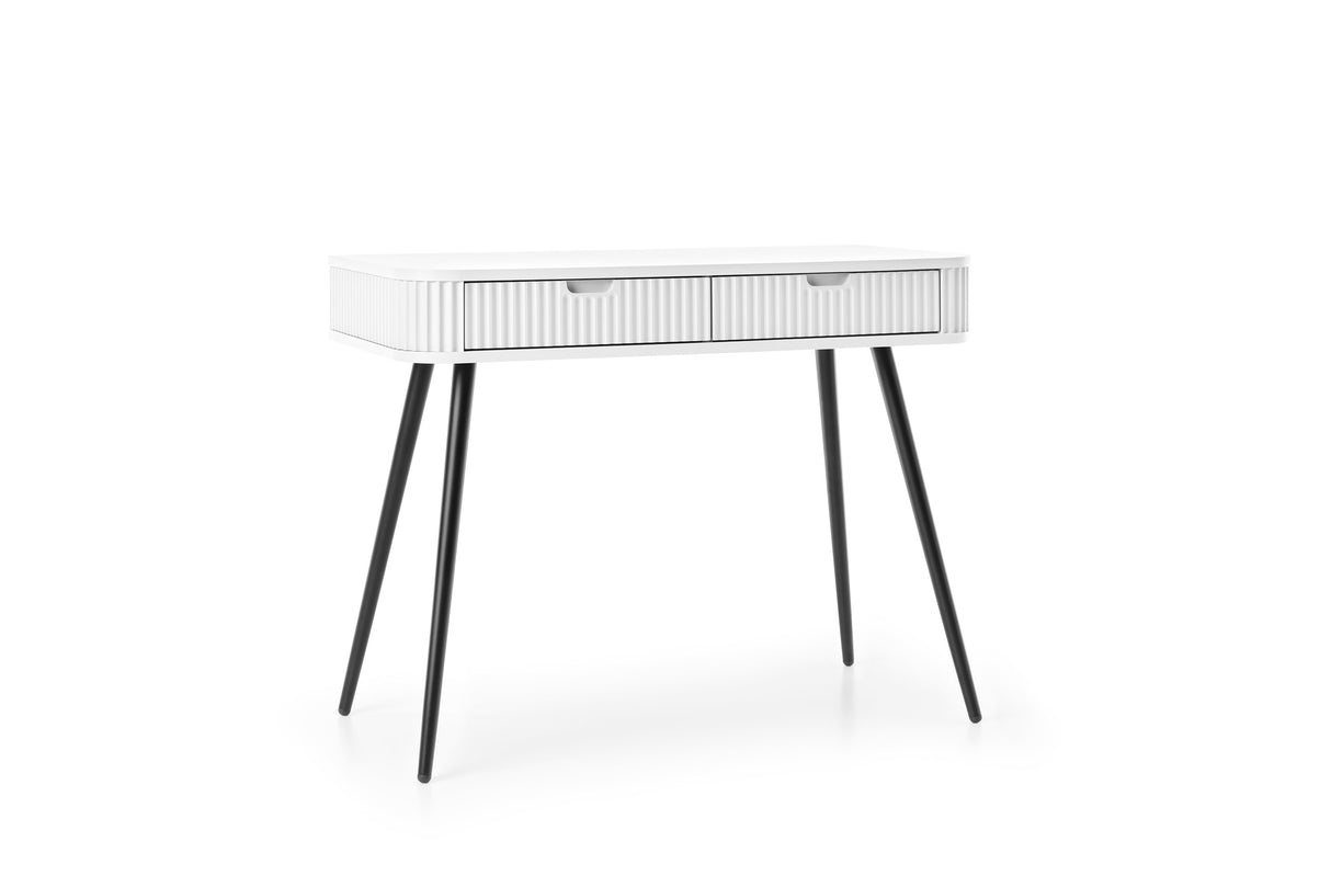 DRESSING TABLE ZOVA WHITEProduct description Dimensions Width 103cm Height 80cm Depth 49cm Details Colour white Material Laminated board 18mm / MDF-board 18mm Veneer ABS edges Legs Metal, in black (65cm) Warranty 24 monthsUncategorizedAnna Furniture