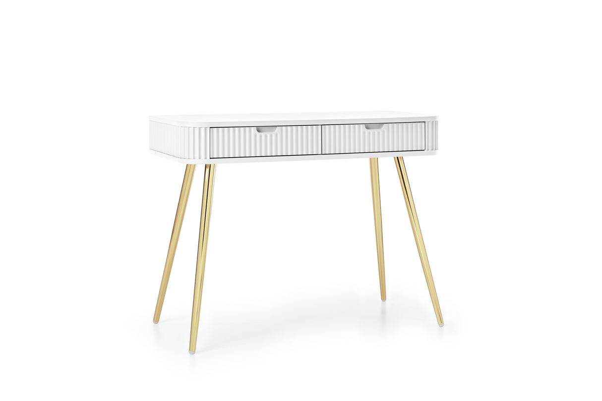 DRESSING TABLE ZOVA WHITEProduct description Dimensions Width 103cm Height 80cm Depth 49cm Details Colour white Material Laminated board 18mm / MDF-board 18mm Veneer ABS edges Legs Metal, in black (65cm) Warranty 24 monthsUncategorizedAnna Furniture