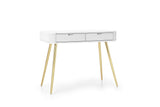 DRESSING TABLE ZOVA WHITEProduct description Dimensions Width 103cm Height 80cm Depth 49cm Details Colour white Material Laminated board 18mm / MDF-board 18mm Veneer ABS edges Legs Metal, in black (65cm) Warranty 24 monthsUncategorizedAnna Furniture