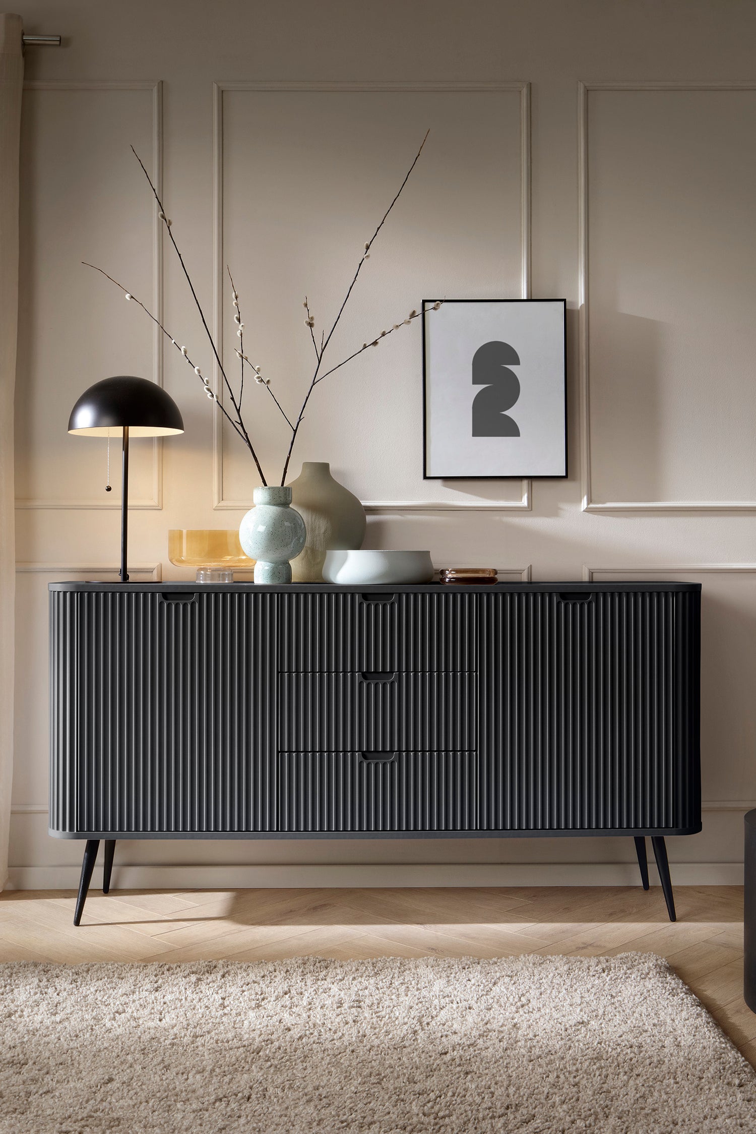 Storage cabinet ZOVA 02 BLACKProduct description Dimensions Width 103cm Height 129cm Depth 39cm Details Colour cashmere Material Laminated board 18mm / MDF-board 18mm Veneer ABS edges Legs Metal, in black (23cm) Warranty 24 monthsUncategorizedAnna Furnitu