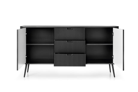 Storage cabinet ZOVA 02 BLACKProduct description Dimensions Width 103cm Height 129cm Depth 39cm Details Colour cashmere Material Laminated board 18mm / MDF-board 18mm Veneer ABS edges Legs Metal, in black (23cm) Warranty 24 monthsUncategorizedAnna Furnitu