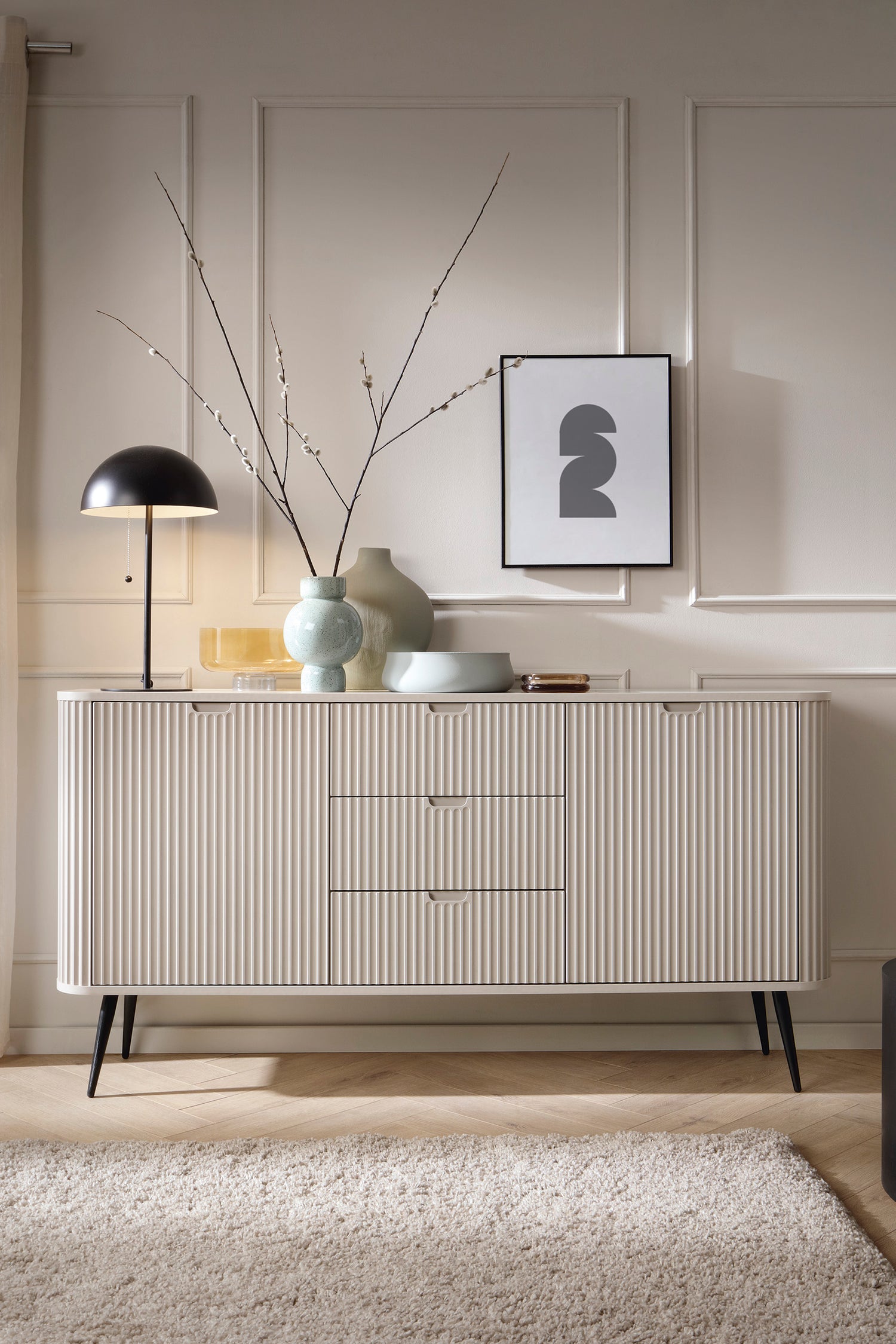 LIVING ROOM ZOVI FURNITURE SET CASHEMEREFURNITUTE SET INCLUDES: Storage cabinet ZOVA 02 103X129X39CM Storage cabinet ZOVA 03 168X87X39CM DRESSING TABLE ZOVA 103X80X49CM ColourCASHMERE/BLACK MaterialLaminated board 18mm / MDF-board 18mmMDF-board 18mm Metal