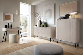 LIVING ROOM ZOVI FURNITURE SET CASHEMEREFURNITUTE SET INCLUDES: Storage cabinet ZOVA 02 103X129X39CM Storage cabinet ZOVA 03 168X87X39CM DRESSING TABLE ZOVA 103X80X49CM ColourCASHMERE/BLACK MaterialLaminated board 18mm / MDF-board 18mmMDF-board 18mm Metal