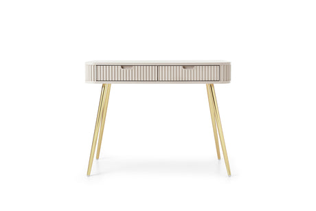 DRESSING TABLE ZOVA CASHEMEREProduct description Dimensions Width 103cm Height 80cm Depth 49cm Details Colour cashmere Material Laminated board 18mm / MDF-board 18mm Veneer ABS edges Legs Metal, in black (65cm) Warranty 24 monthsUncategorizedAnna Furnitur