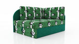 UNIVERSAL CORNER SOFA BED KUBUS CUBE GREEN FOOTBALL Children roomTHIS MODEL IS UNIVERSAL WHICH MEANS YOU CAN CHOOSE CORNER SIDE DURING ASSEMBLYCHILDREN CORNER SOFA BEDSOFKA NAROZNIK TAPCZANIK DZIECIECY - depth 77 cm- width 106 cm- height with bacon 50 cm-